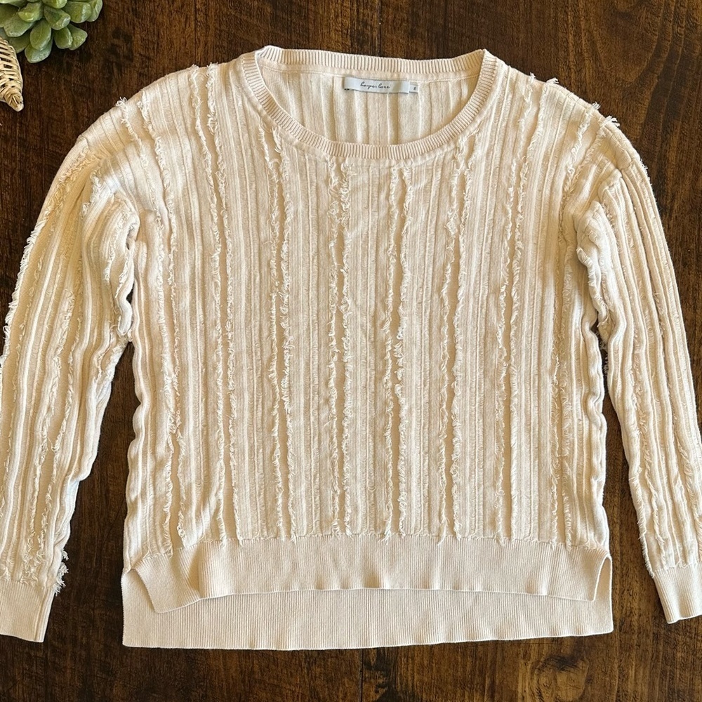 Harper Lane | Cotton Blend Crewneck Ribbed Textured Fringe Sweater, Size M